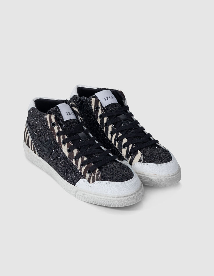 Baskets noires micro sequins et cuir motif zèbre Femme-2