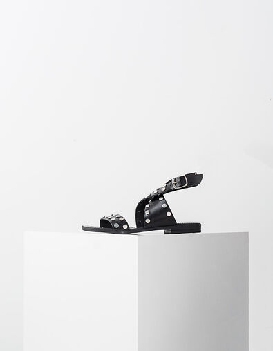 Women's black studded flat leather sandals - IKKS