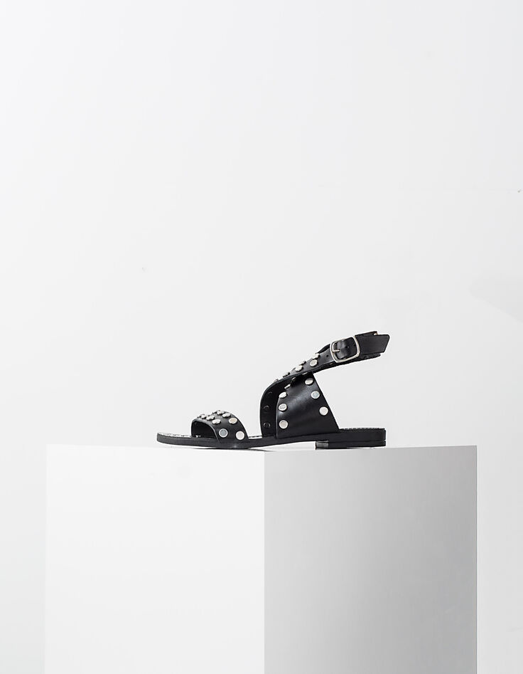 Women's black studded flat leather sandals-1