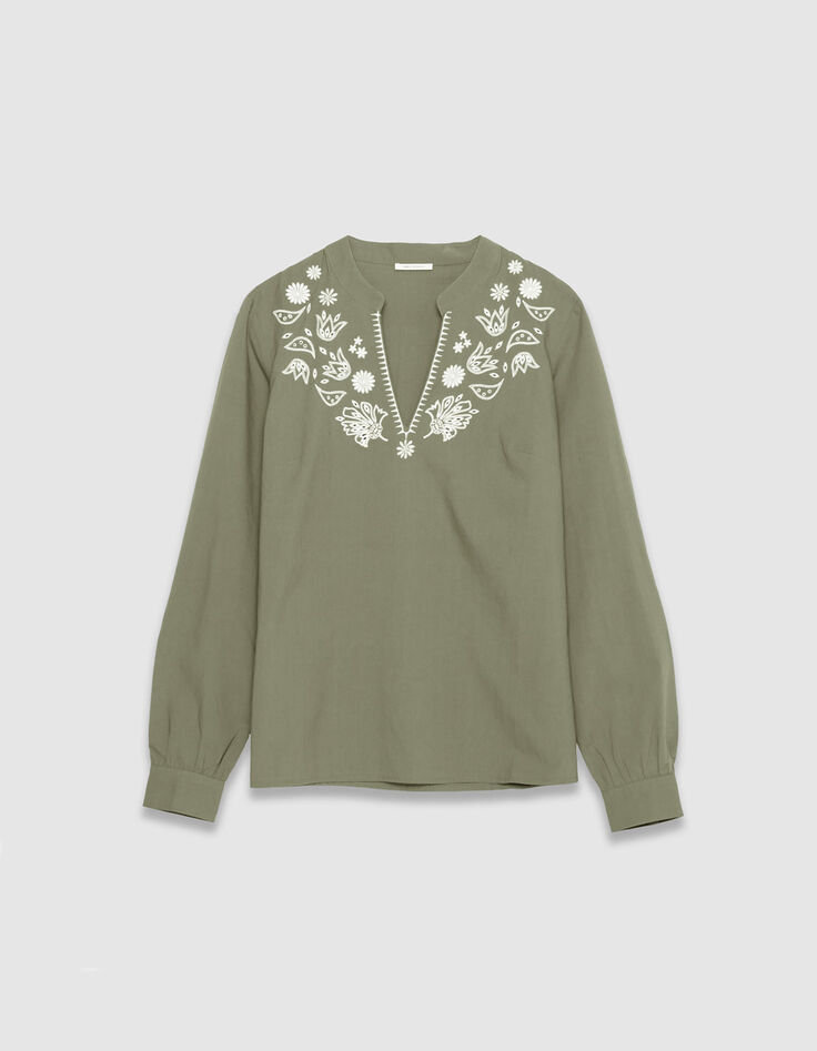 Mujer blusa con peto de algod&oacute;n org&aacute;nico caqui bordado-5