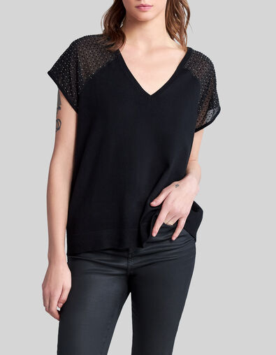 Schwarzer Damen-Strickpullover kurze &Auml;rmel und Strass - IKKS