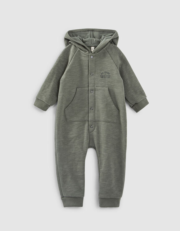 Baby’s light khaki organic fabric hooded all-in-one