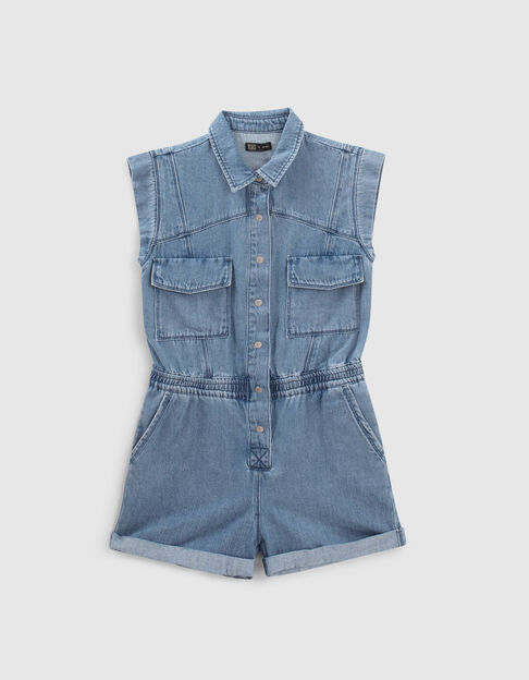 Girls’ blue denim playsuit with placed seams - IKKS
