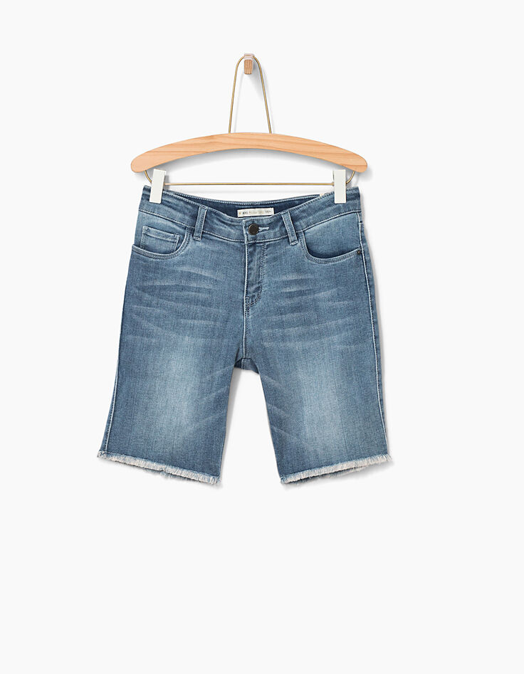 Bermuda en jean faded blue bas frangés fille -1 Bermuda en jean faded blue bas frangés fille -1