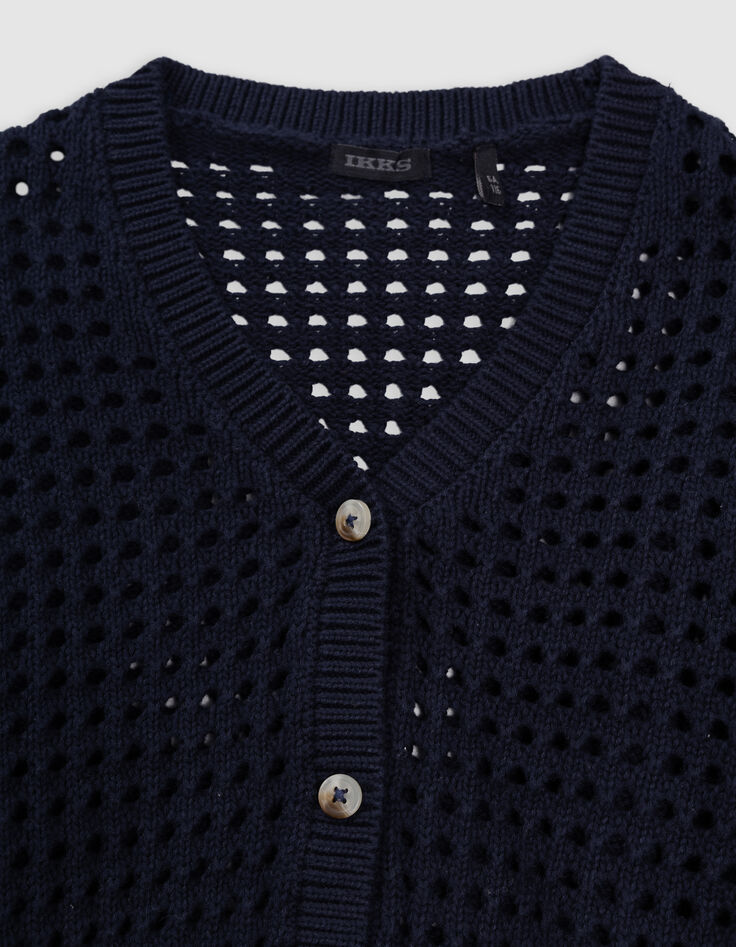 Cardigan marine coton bio tricot ajouré fille-3