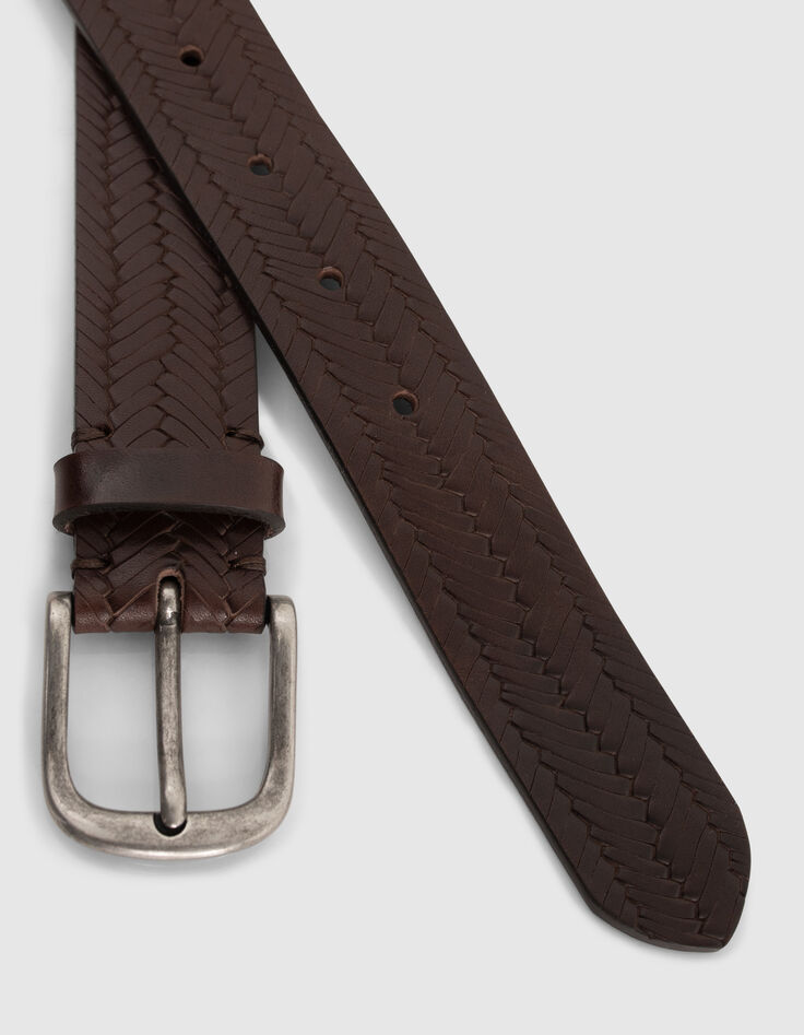 Ceinture marron foncé en cuir embossé tressage Homme-4