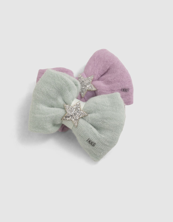 Girls&rsquo; violet and aqua green bow snap hair clips-3