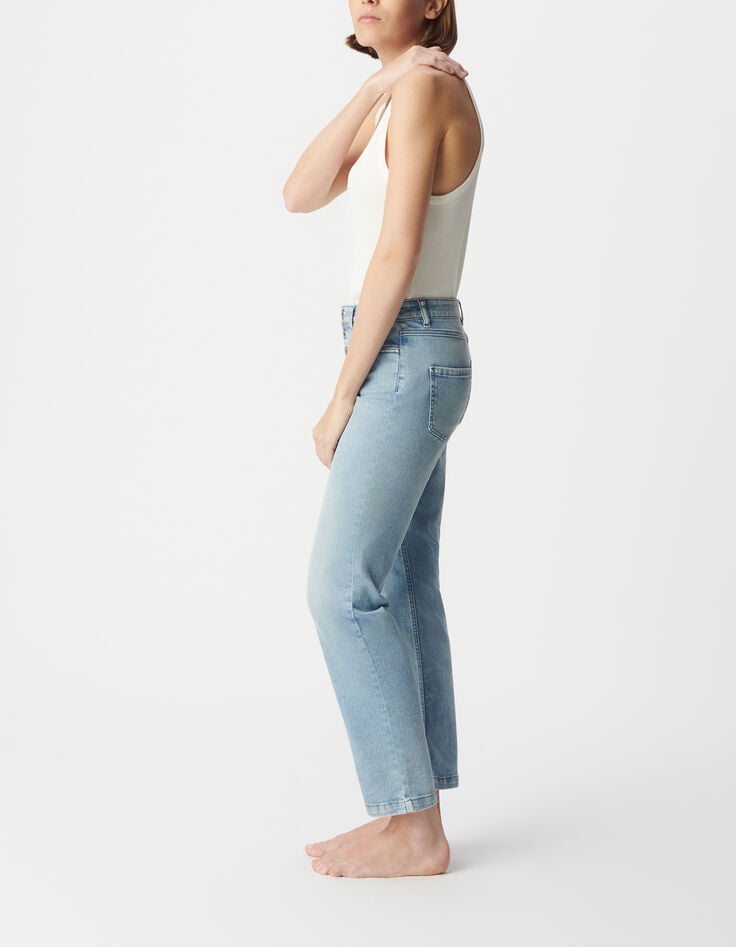 Damesblauwe cropped jeans met zichtbare powerstretch knopen-4