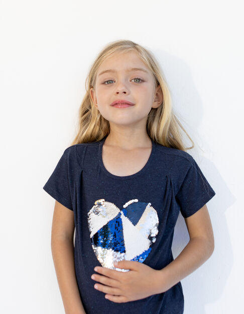Indigoblaues Mädchen-T-Shirt mit Herz aus Wendepailletten