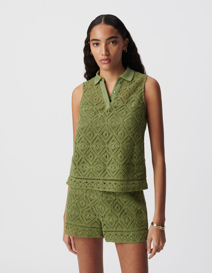 Top col polo vert coton bio dentelle crochet Femme-2