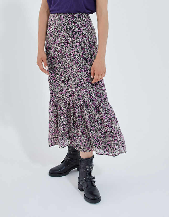Langer Rock mit buntem Blumenprint und Volant-2