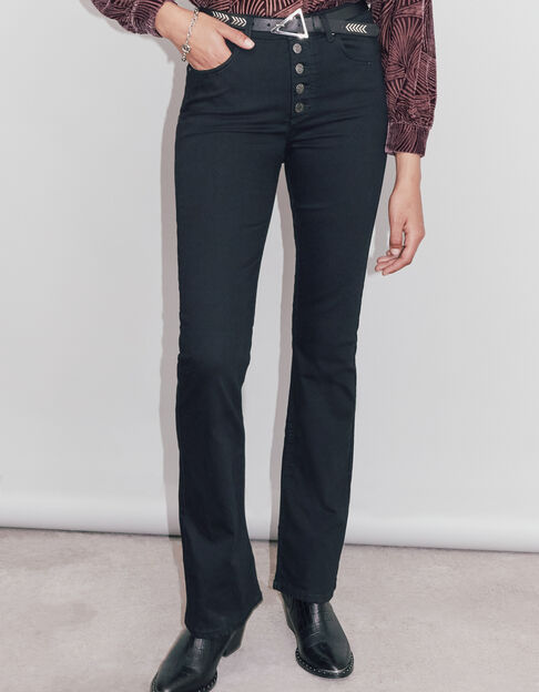 Zwarte jeans flare coupe high waist zichtbare knopen dames