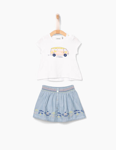 Conjunto camiseta blanca y falda azul bebé niña - IKKS