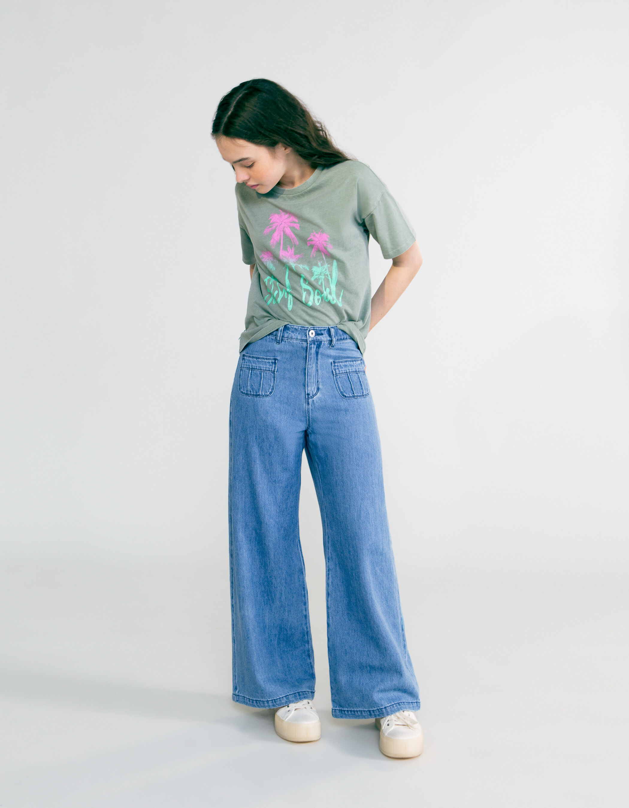 Jean LARGE bleu a poches plaquees fille IKKS
