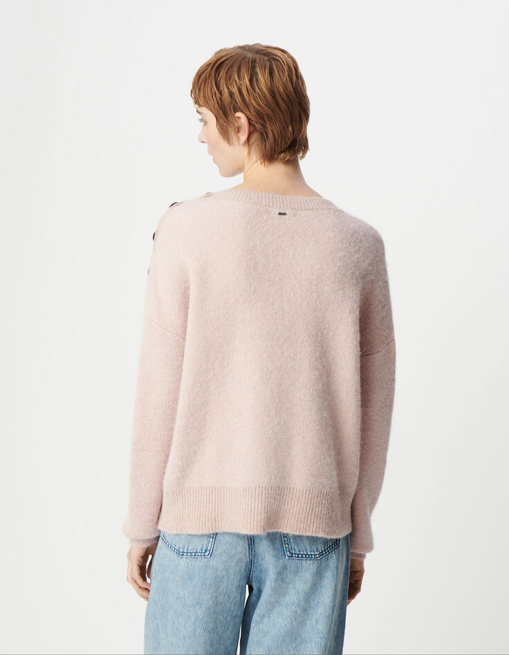 Rosafarbener Jacquard-Pullover aus Alpakamischung für Damen mit Botschaft und Knöpfen-3