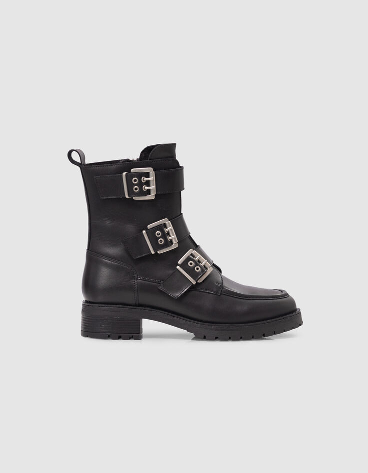 Women's black leather 3 buckle rangers boots-1