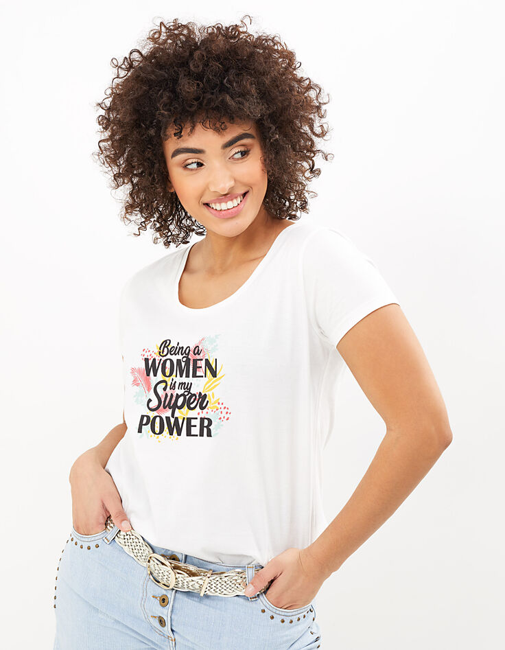 I.Code white organic T-shirt with slogan and exotic print-2