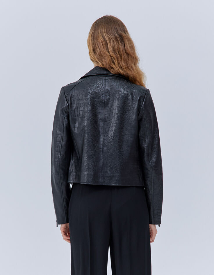 Women’s black crocodile-embossed leather biker jacket-3 Women’s black crocodile-embossed leather biker jacket-3