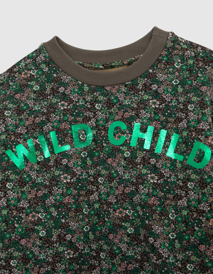 Grünes Sweatshirt, Leo-Blumen, Metallic-Botschaft, Mädchen-2