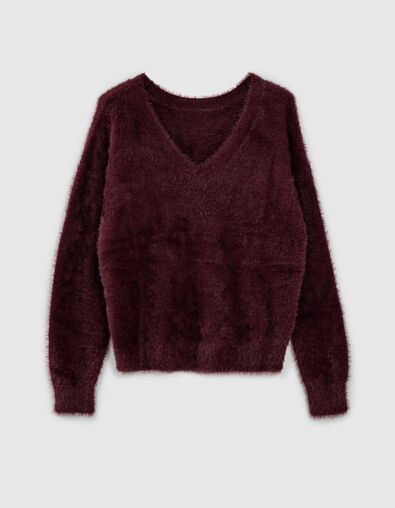 Jersey cuello V burdeos punto pelo mujer - IKKS
