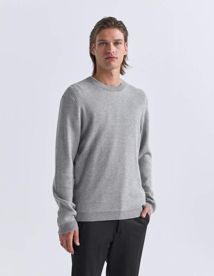 Pull gris tricot relief gaufré Homme-1