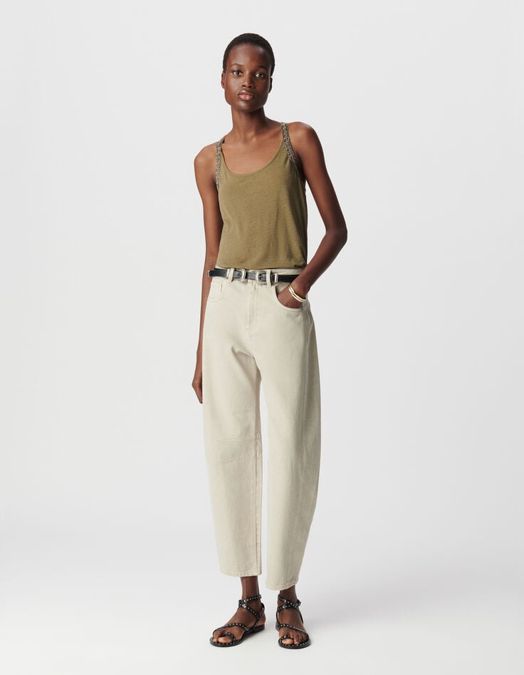 Women’s khaki vest top with bead- embroidered armholes-1 Women’s khaki vest top with bead- embroidered armholes-1