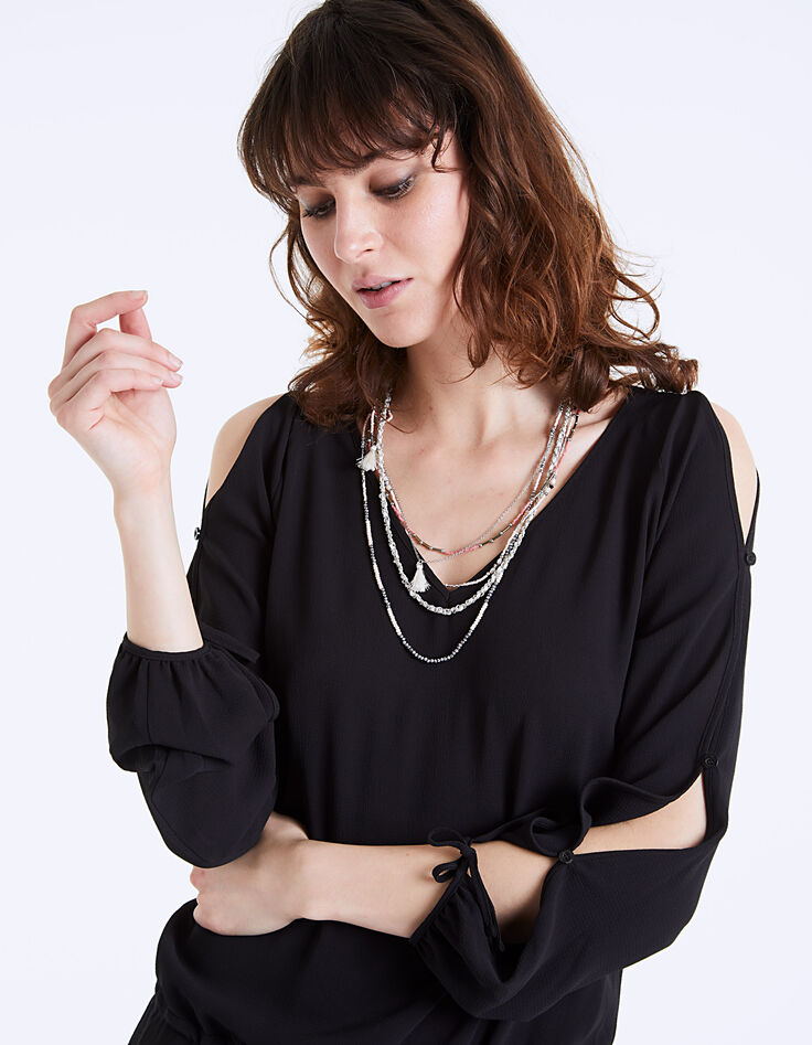 Collier sautoir multirangs perles colorées pompons femme-2