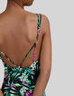 Langes, schwarzes Damenkleid mit tropischem Print-4