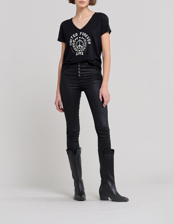 Tee-shirt noir visuel blason symbole paix Femme-1