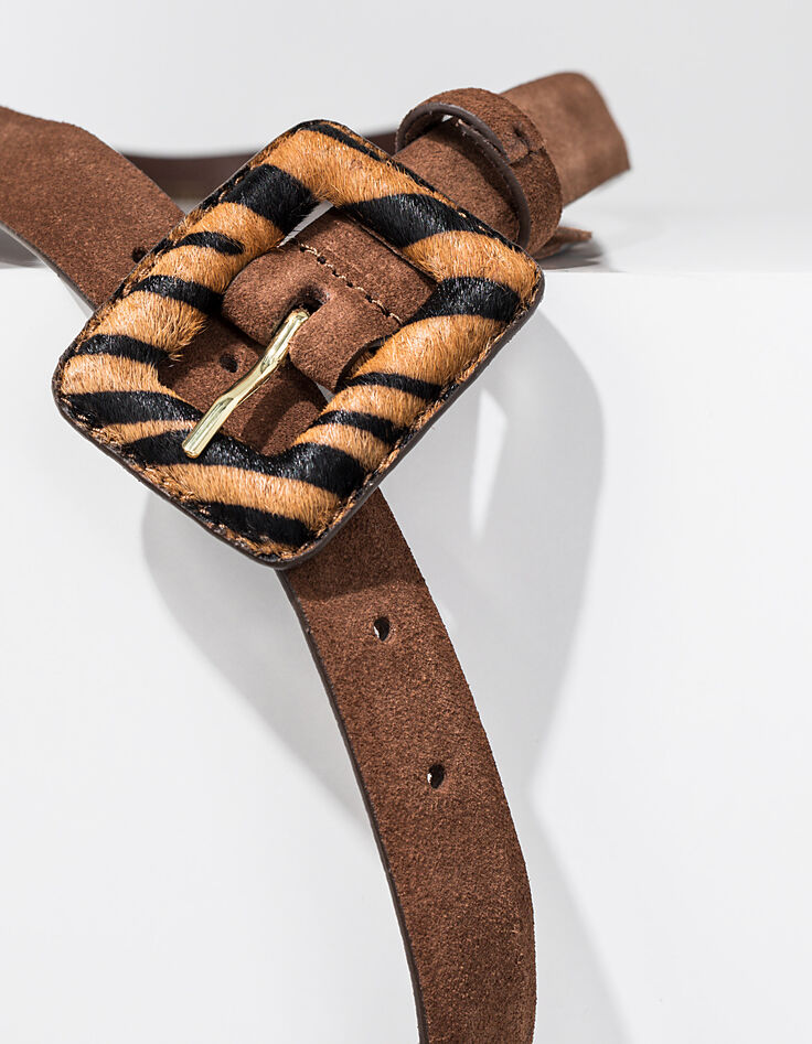 I.Code cognac leather belt with tiger print buckle-4