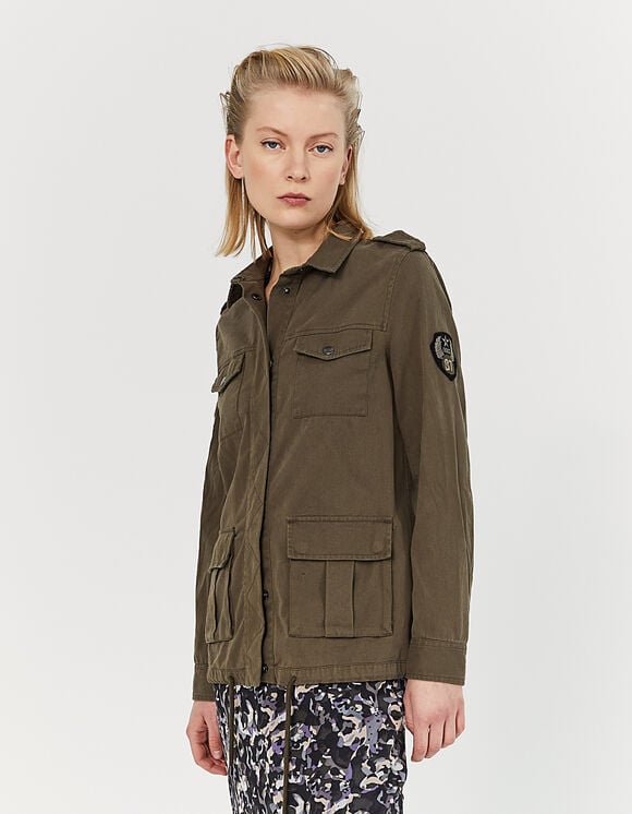 Women’s khaki long safari-style jacket with motif on back
