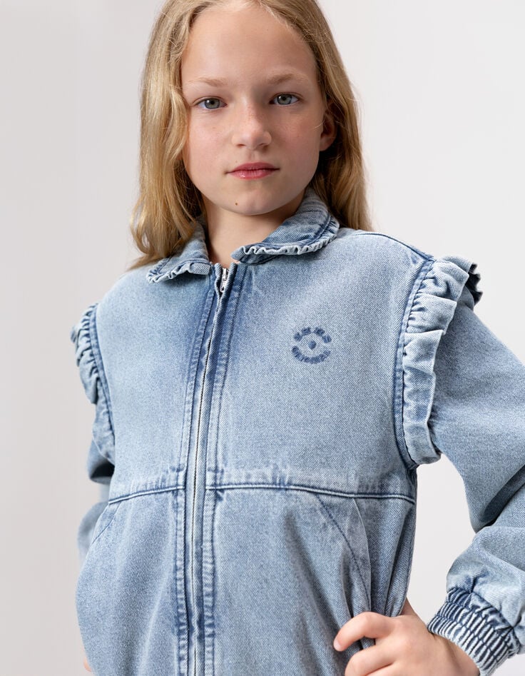 Blouson en jean bleu manches amovibles fille-1 Blouson en jean bleu manches amovibles fille-1