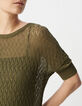 Pull kaki tricot lurex ajouré encolure V dos Femme-6