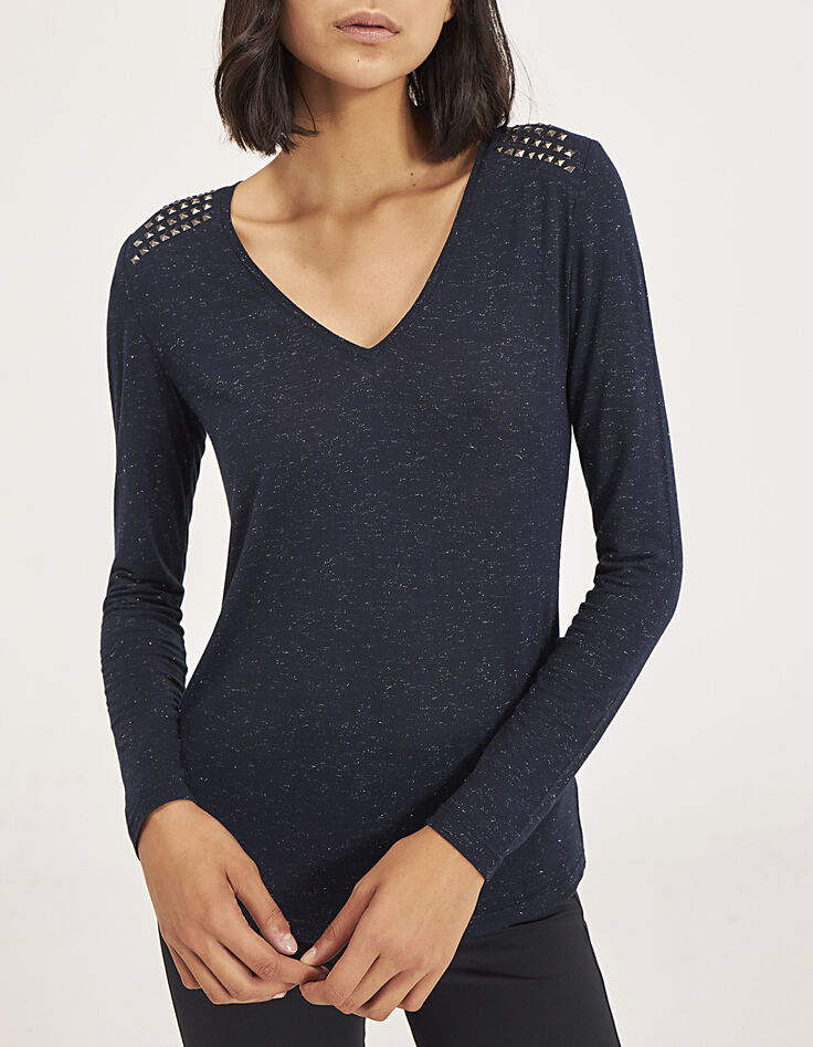 Women’s navy studded lurex and jersey T-shirt-2