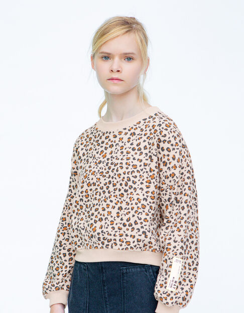 Girls’ beige sweatshirt with leopard motif