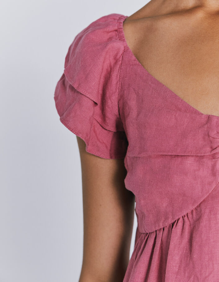 Vestido corto lino cintura imperio rosa mujer - IKKS