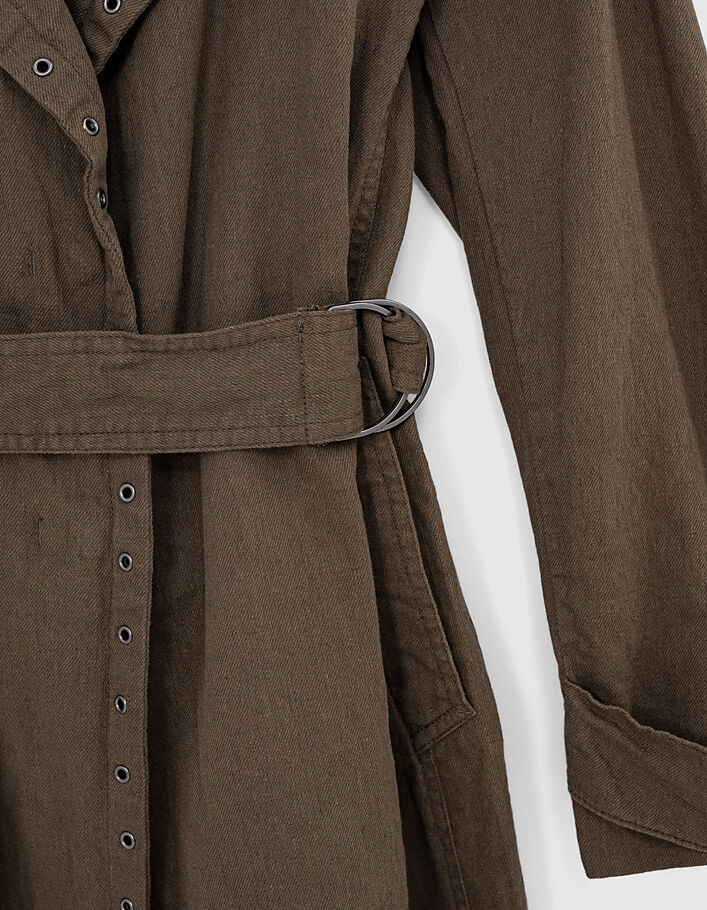 Women’s khaki linen long trench coat with eyelet details-5
