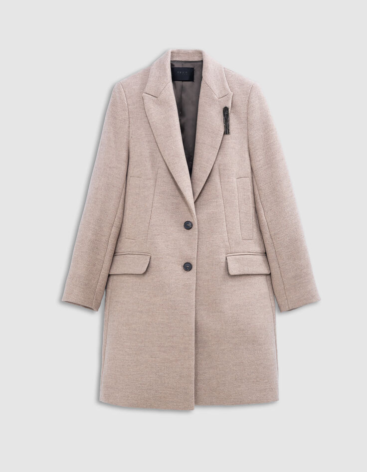 Straight sesame coat with rhinestone brooch Women-5