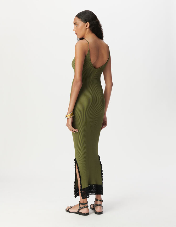 Robe tube longue kaki tricot côtelé Femme-2