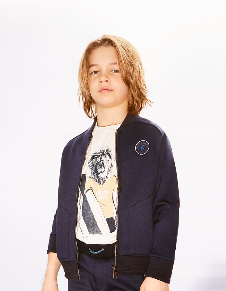 Cárdigan navy estilo teddy con letras niño -7