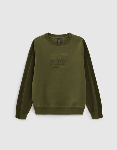 Pull kaki bi-mati&egrave;re avec visuel emboss&eacute; gar&ccedil;on - IKKS