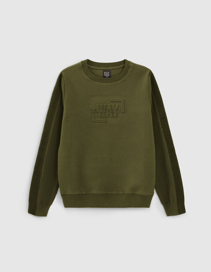 Pull kaki bi-mati&egrave;re avec visuel emboss&eacute; gar&ccedil;on-1