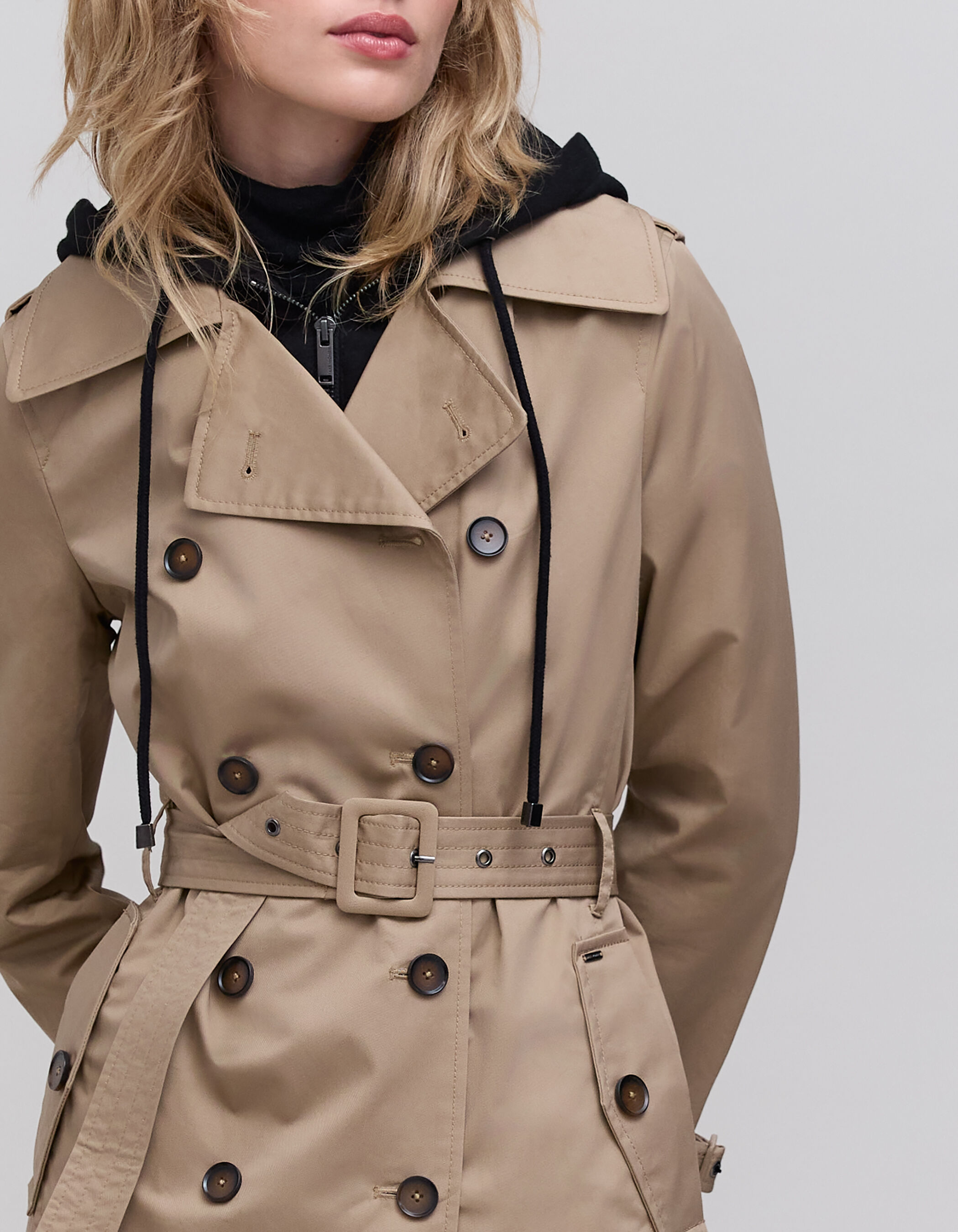 Trench capuche et parementure amovibles femme