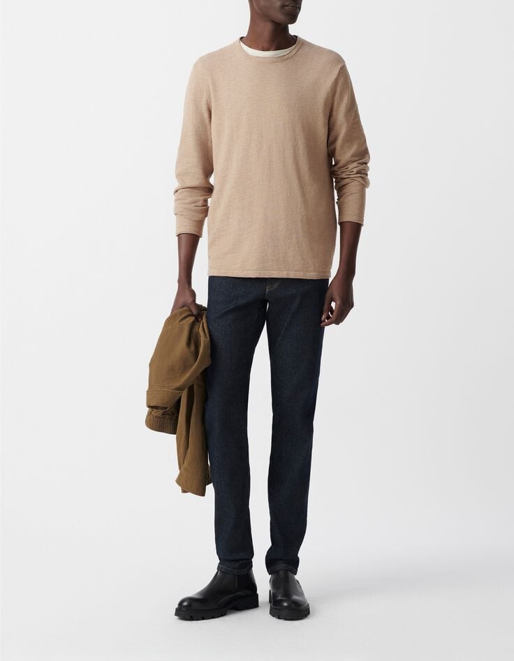 Herrenstrickpullover, beige, geflammt, Rollsaum-Kragen-1