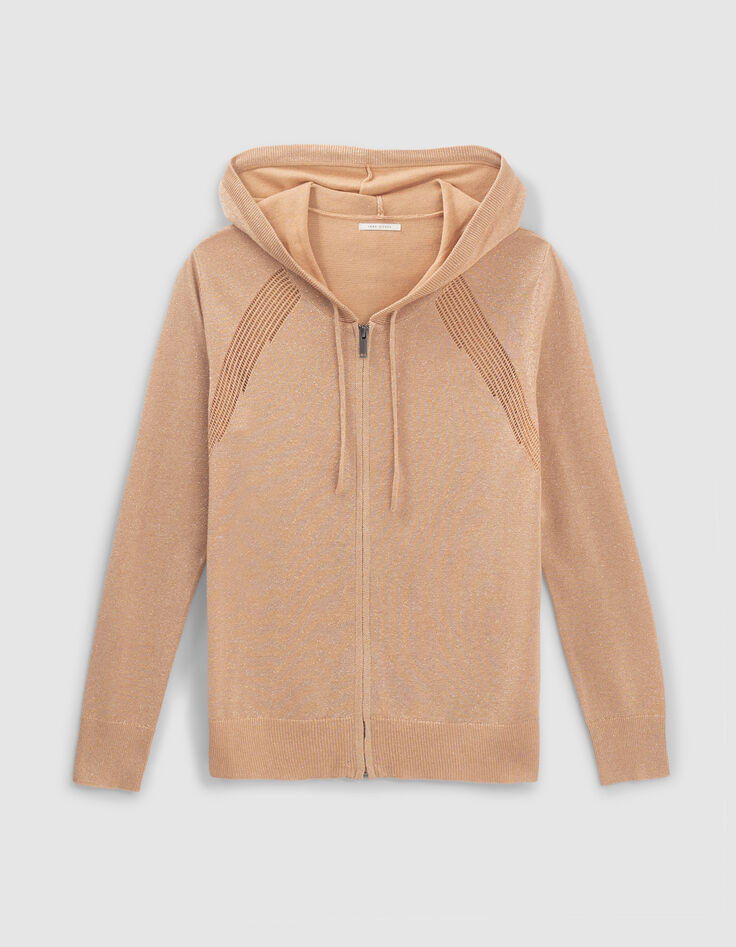 Rosé-beige Damenstrickjacke mit Kapuze und Glitzer-7