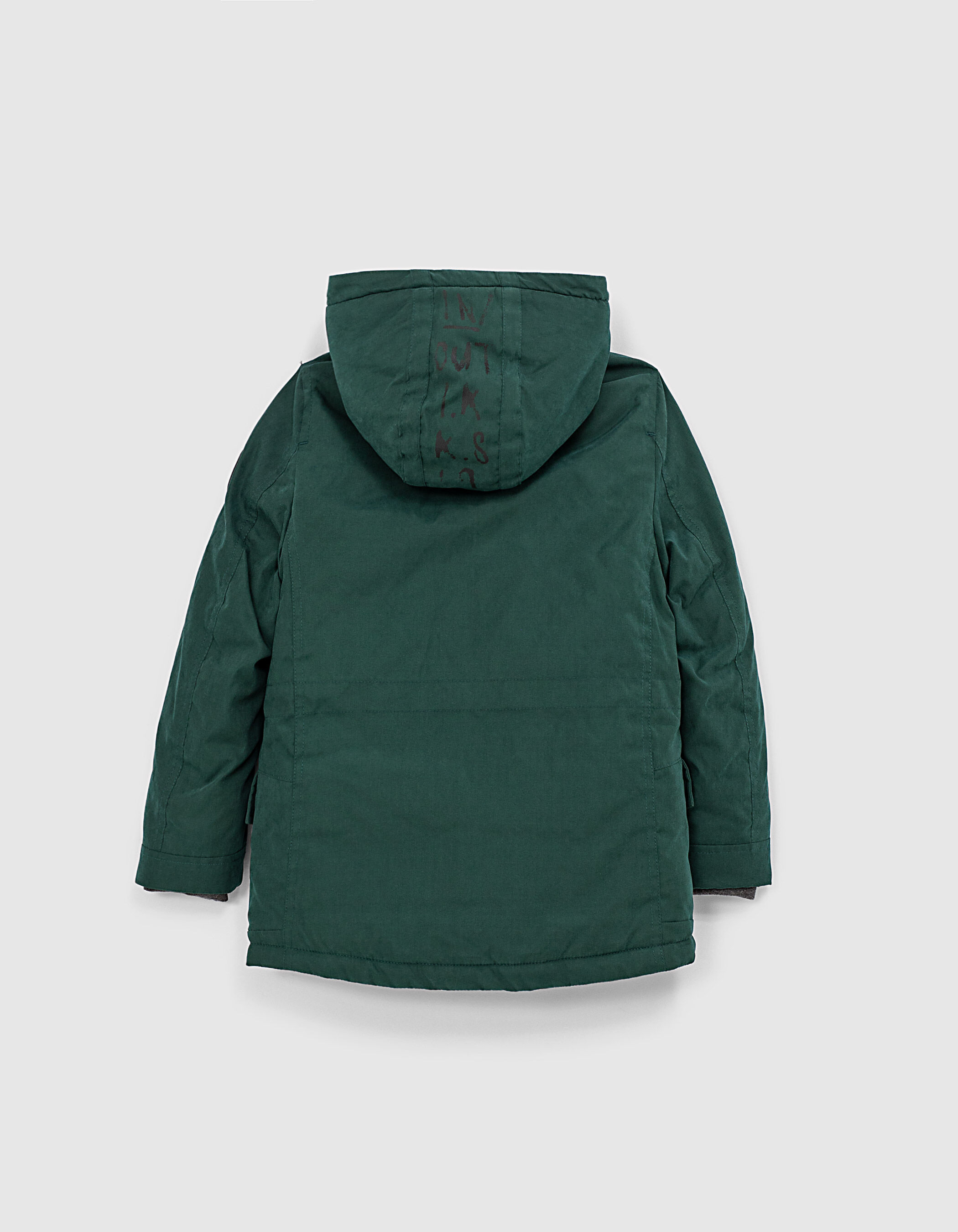 Boys dark green fur lined parka striped ribbed collar IKKS