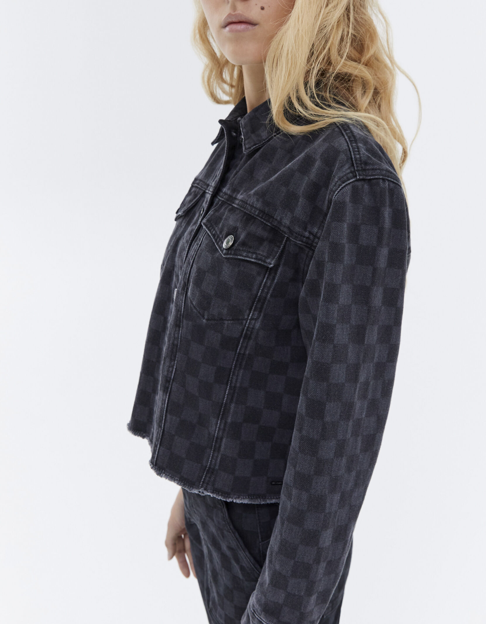 Checkerboard jean jacket sales