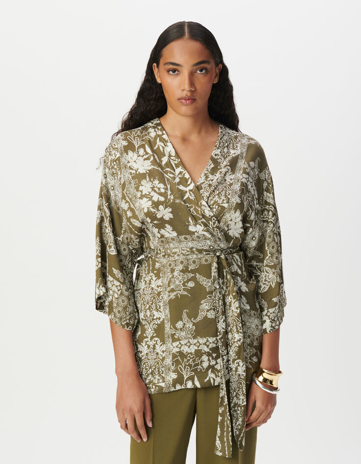 Chemise kimono kaki imprimé foulard Femme-2