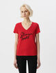 Camiseta manga corta roja mensaje bordado mujer-2
