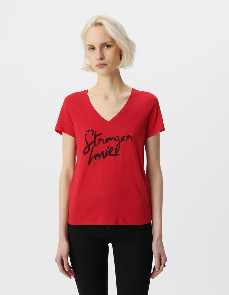 Camiseta manga corta roja mensaje bordado mujer-2